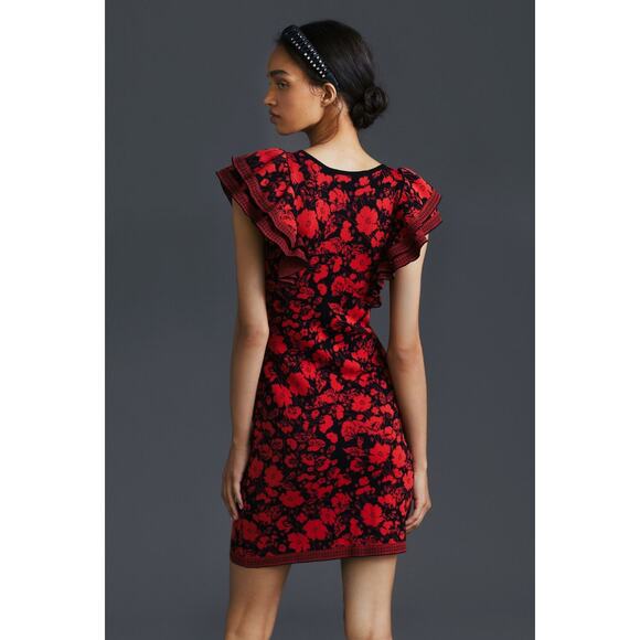 Anthropologie Eva Franco Ruffled Floral Knit Mini Sweater Dress Red Size L - Picture 2 of 9
